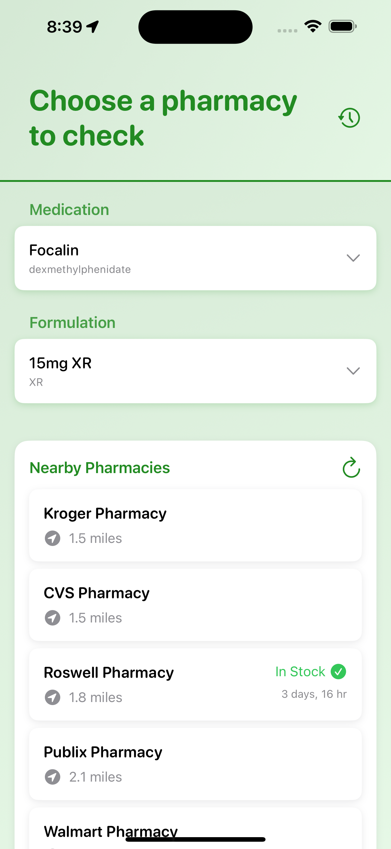 Medication selection screen